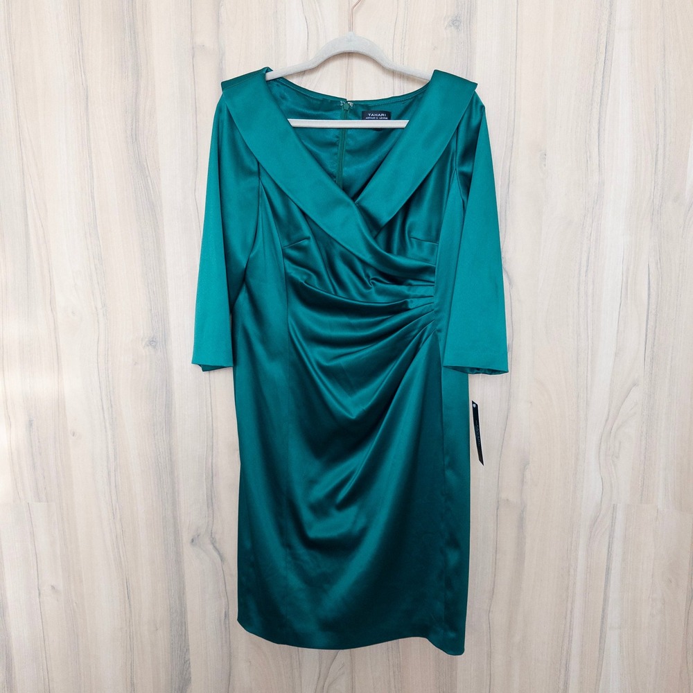 Tahari Womens Dress Size 14 Emerald Green Satin Cocktail Wedding Formal Classic